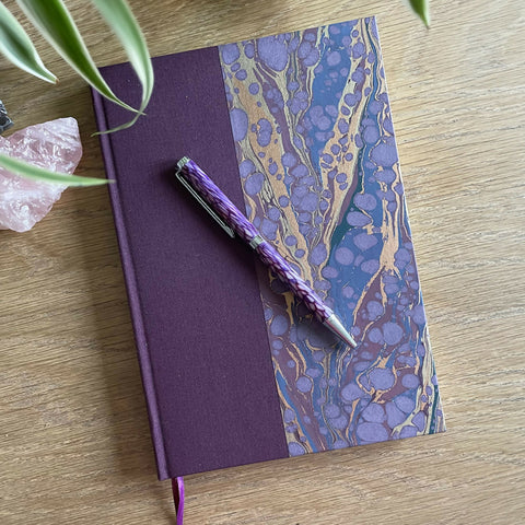 2 - A5 Handbound Journal with plain paper - Wine colour with hand marbled paper