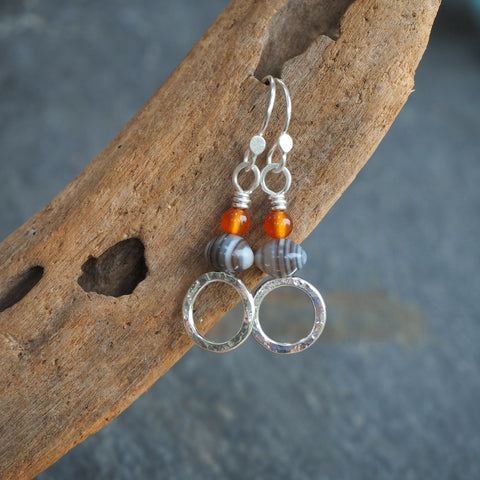 Silver Hoop Earrings with Agate & Carnelian