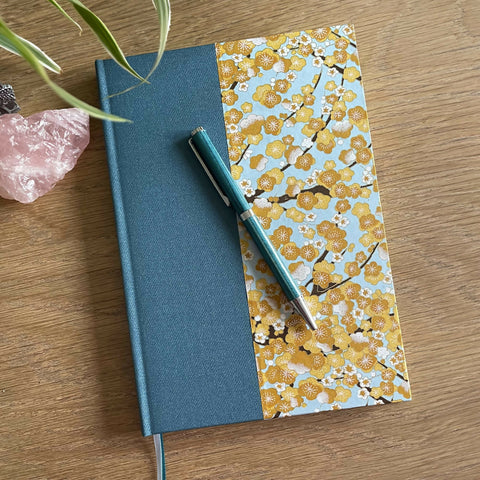 A5 Handbound Journal with plain paper - Deep turquoise with chiyogami paper