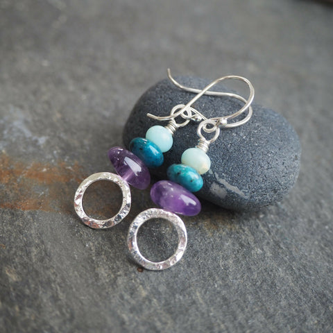 Earrings - Silver, Amethyst and Jasper Hoop Earrings